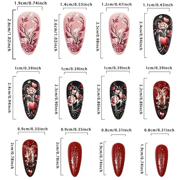 ♥️ 24 Pcs Hearts & Roses Press on Nail Set Almond Medium Length Fake Nails - Picture 4 of 10